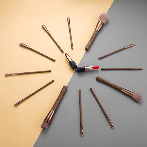 Makeup Brushes Set 12Pcs Vegan Brush Kit for Powder Foundation Blush Blending Eye Shadow Eyeliner Cosmetics Brushes with Portable Brush Holder- Cruelty-Free Synthetic Bristle (Coffee)