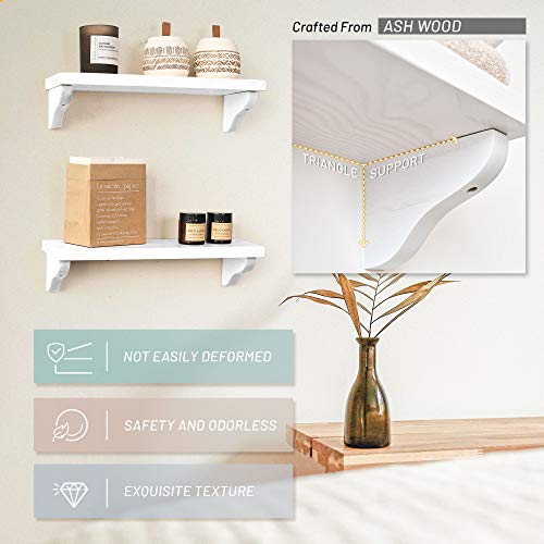 Labcosi White Floating Wall Shelf for Wall, Set of 2 Solid Wood Display