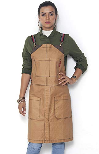 Under NY Sky Cross-Back Camel Beige Apron - Coated Twill with Leather Reinforcement, and Split-Leg - Adjustable for Men and Women - Pro Barber, Tattoo, Stylist, Barista, Bartender, Server Aprons