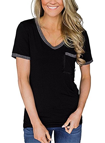 Godzgift Womens Casual V Neck Gray Trimmed Short Sleeve Pocket T-Shirts Black, X-Large
