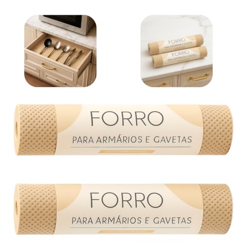 Kit 2 Unidades Forro Protetor para Gaveta de Cozinha Antiderrapante Armario Prateleira Multiuso Dispensa Lavável Recortável Casa Garagem Banheiro Geladeira Fácil de Limpar Mesa (Bege Claro)