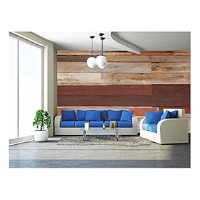 Ruin Wood Plank and Red Concrete Wall - Removable Wall Mural | Self-Adhesive Large Wallpaper - 66x96 inches