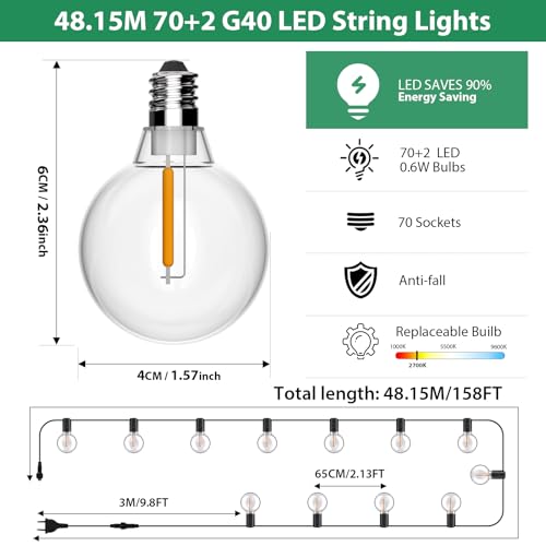 FIFlying Outdoor Fairy Lights, 48.15M/158FT G40 Waterproof Garden Lights with 70+2 LEDs, 2700K Warm White Outdoor Light Chains, Suitable for Patios, Parties, Festivals, Weddings, Gardens