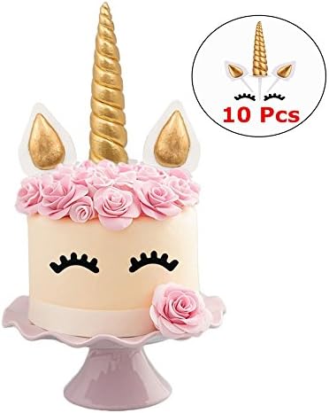 VLFriday Gold Unicorn Cake Topper Set Party Supplies Polymer Clay Cupcake Toppers Reusable Unicorn Horn, Ears and Eyelashes Decoration for Kids Birthday Theme Party, Baby Shower