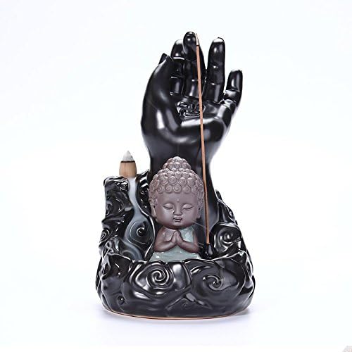 Two Use Buddha Hand &amp; Little Monk Back-flow Cone Sticker Incense Burner Incense Holder Incense &amp; Incense Holders with 10 Cone Incense for Home Fragrance Home Decor (BLACK-1)