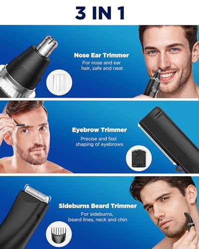 Nose Hair Trimmer for Men,3 in 1 USB Nose Trimmer with LED Display,Painless Dual Edge Blades Nasal Hair Trimmers for Men,Eyebrow Razor Scissors,Ear Facial Hair Remover,IPX7 Waterproof,Easy Cleansing