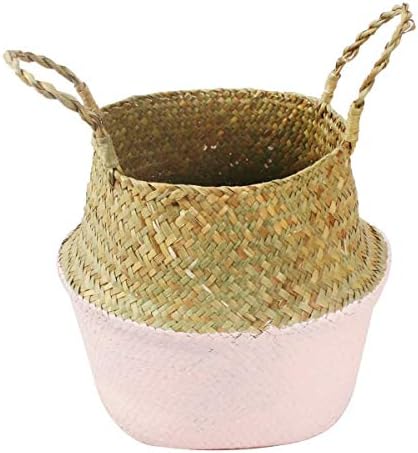 Seagrass Basket, Natural Seagrass Woven Storage Pot Tote Belly Basket for Storage, Laundry, Picnic, Plant Pot Cover, and Beach Bag Flower Vases (Color : Pink, Size : L)
