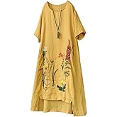 Minibee Women's Embroidered Linen Dress Summer A-Line Sundress Hi Low Tunic Clothing
