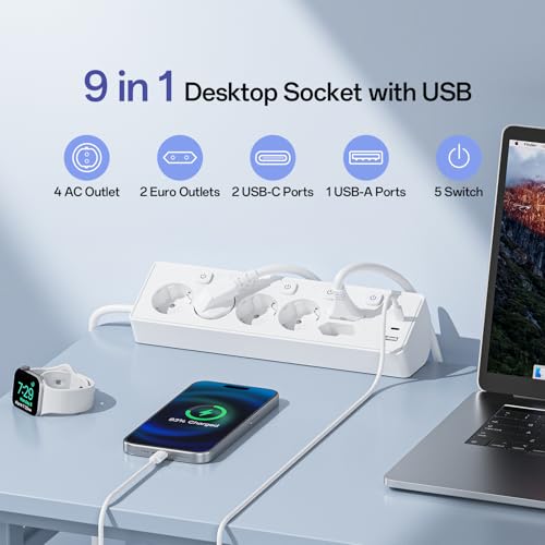 Desktop Power Strip with USB C (PD 30W), Individual Switches Desktop Power Socket, Surge Protection Sockets, 2 Meter Cable for Home Office, 2 M Cable, White
