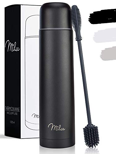 Milu Thermosflasche Thermoskanne Isolierflasche 1L, 750ml, 500ml - Isolierte Edelstahl Trinkflasche, 100% Auslaufsicher, Doppelwandisolierung (Schwarz, 1000 ml)