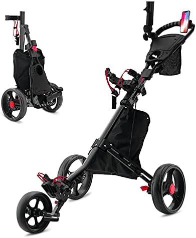 Kingdely 3 Wheel Golf Push Cart, Foldable Golf Trolley with Umbrella Holder, Lightweight, Compact Pull Caddy Cart, Easy to Open (Black) Kingdely 3 Wheel Golf Push Cart, Foldable Golf Trolley with Umbrella Holder, Lightweight, Compact Pull Caddy Cart, Easy to Open (Black)