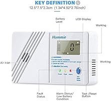 Hommie Detector Monóxido de Carbono Sensor de CO de 10 años con Función Memoria, Alarma de Detector de Monoxido con Pantalla Digital de 1.0 Pulgadas, 85db Altos Decibelios y Pilas Reemplazable, Blanco: