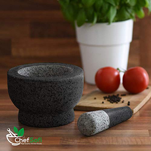 ChefSofi-Mortar-and-Pestle-Set-Black-Polished-Exterior-6-inch-2-Cup-Capacity