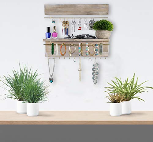 Spiretro Wall Mount Set of 2 Jewelry Organizer Holder Rack, Removable Golden Metal Bar Display Earrings Bracelets, Hooks Hang Necklaces Rings, Shelf Storage Accessories Ornaments, Rustic Torched Wood