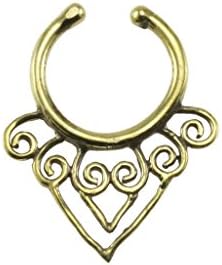 Brass Spirals and Heart Design Fake Septum Ring - 7mm (0.3") Inner Hoop with Adjustable Opening