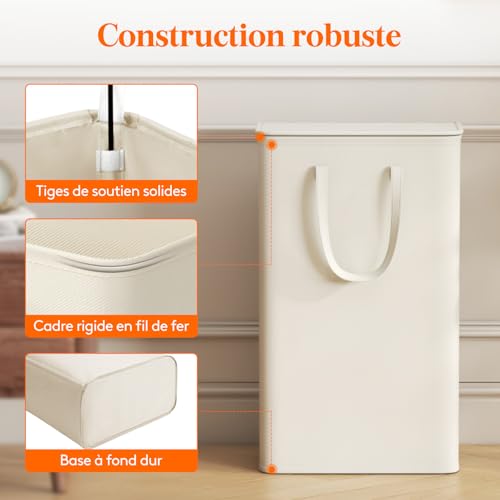 Panier a Linge avec Couvercle, Panier à Linge Sale Pliable, Panière à Linge Extra Plat, Corbeille a Linge avec Poignées Allongées pour Chambre, Salle de Bain, Buanderie, 65 L, Blanc