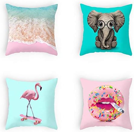OATHENE Set of 4 Decorative Throw Pillow Covers,Macaron Donuts Cigarettes Elephant Flamingo Waves,Pink Green Blue Linen Cushion Sofa Bedroom Car,Home Decor,18 x 18 Inch.1348