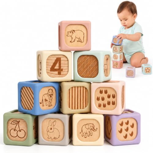 Silicone Wooden Baby Blocks, 10PCS Montessori Stacking Blocks for Babies 6M+, Food-Grade