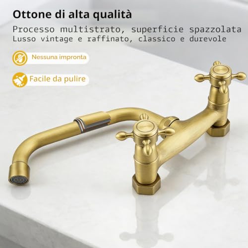 Antique Brass Wall Kitchen Tap, 360° Rotation Sink Mixer, Bathroom Sink Tap with Cross Knobs and Swivel Spout, Wall Kitchen Tap for Bathroom, Kitchen, Laundry