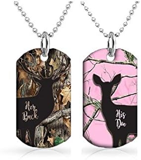 Buck and Doe Couples Dog Tag Necklace Set - Dog Tag with 30 inch Ball Chain Included His and Hers Pink Camo