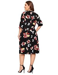 Romwe Vestido de mujer de talla grande, elegante, con estampado floral, corte ajustado y acampanado, línea A