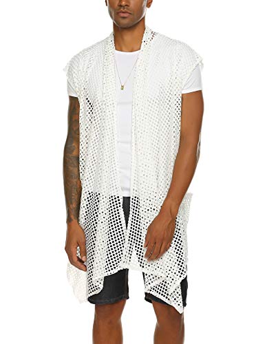 COOFANDY Men's Ruffle Shawl Collar Cardigan Lightweight Mesh Fishnet Long Length Drape Cape