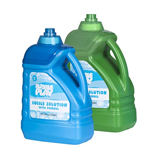 BubblePlay 64 OZ Bubble Solution Refill Bottle with Easy Pour Plastic Funnel, Top-Works with Bubble Wands and Machines for Birthdays or Outdoor Play for Kids of All Ages (2 Pack)