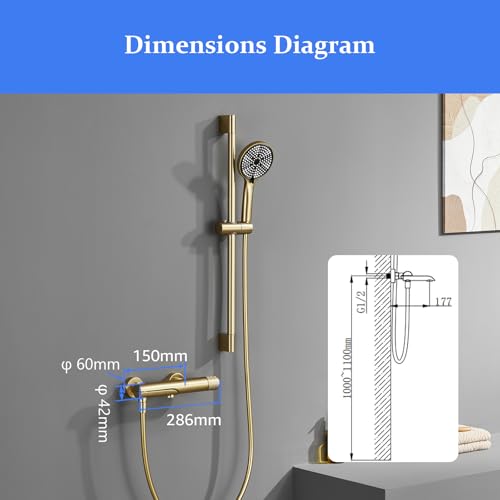 Bath Faucet with 3 Jets, Wall Mounted Bath Mixer Tap with 90° Rotating Spout, 1.5 m Flexible and Bracket, Bathroom Mixer Tap in Brass (Brushed Gold)