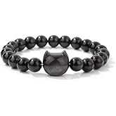 LINGYUAN Black Obsidian Cat Bracelet, Natural Stone Beaded Bracelet for Protection Luck and Energy Balance, Handmade Healing Crystal Jewelry Gift for Women and Men