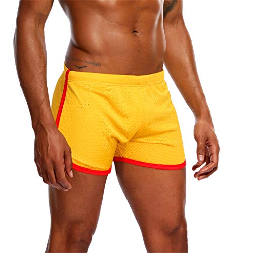 Men's Fitted Dolphin Shorts Gym Bodybuilding Workout Running Tight Lifting Jogger Mesh Boxing Shorts (Yellow, L) - Thumbnail 2