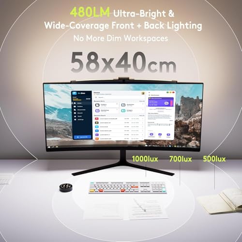 Quntis 66CM Curved Monitor Light Bar with Remote Backlight, Foldable Monitor Lamp with Auto-Dimming, Stepless Dimming, Eye Care No Glare Anti-Blue Screen Light Bar for Gaming Home Office