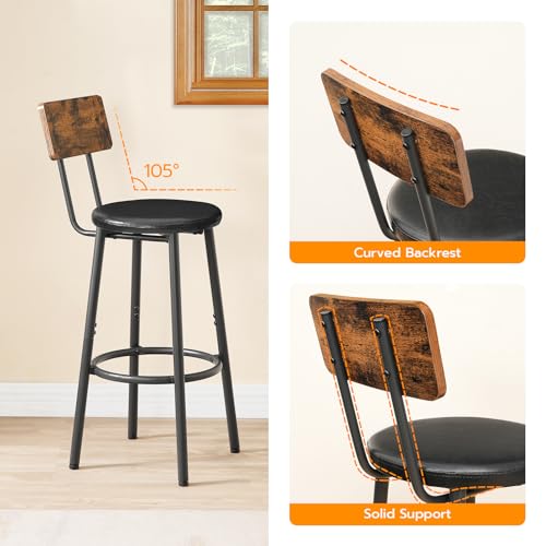 HOOBRO Round Bar Stools, Round High Bar Chairs Set of 2 with Back, Kitchen Counter Height Stools for Kitchen Island, Dining Room, High Stool Chairs with Footrest, Rustic Brown and Black EBF31BY01G2
