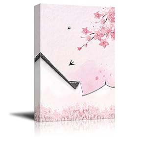Canvas Wall Art - Traditional Chinese Style Painting of Pink Cherry Blossom and Birds with Acient Wall in Spring - Giclee Print Gallery Wrap Modern Home Art Ready to Hang - 12x18 inches