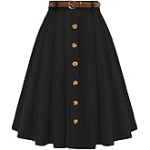 Belle Poque Women's Vintage Stretch High Waist A-Line Flared Midi Skirts with Pockets & Belts