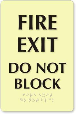 Fire Exit Do Not Block (Tactile Touch Braille) (Glow Sign), 9" x 6"