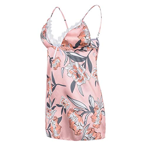 Amacok Sleepwear Women's Sexy Lingerie Dress Satin Lace Flower Pajamas V Neck Nightgown Loungewear (Pink,S) - Thumbnail 2