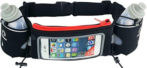 Touch Screen Hydration Running Belt By FitGear - Includes (2)10 ounce BPA Free, Leak Proof Water Bottles, 7.5" Pouch Fits All Smartphones Even an IPhone 6 Plus (Remove Case)