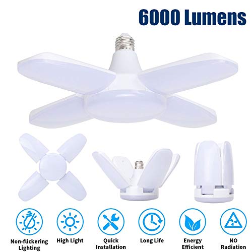 LED Garage Lights, 60W 6000LM Garage Lighting，LED Light Bulbs, Deformable LED Garage Ceiling Light with 4 Adjustable Panels, 6000K Daylight White E26，LED Shop Lamp for Garage, Workshop, Basement