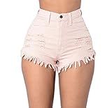 Abetteric Womens Solid Broken Hole Fray Hem Denim Summer Hot Pants Pink3 S