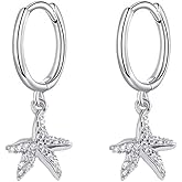 Dainty Starfish Hoop Earrings for Women 925 Sterling Silver Cubic Zirconia Small Star Dangle Drop Huggie Hoops Cartilage Hypoallergenic Cute Ocean Beach Holiday Party Jewelry Gifts