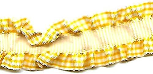 BEEKLEY BOWS 3/4" Ruffled Wavy Edge Gingham Printed Elastic Stretch Craft Sewing Ribbon Trim, 5 Yards (Maize Yellow/White)
