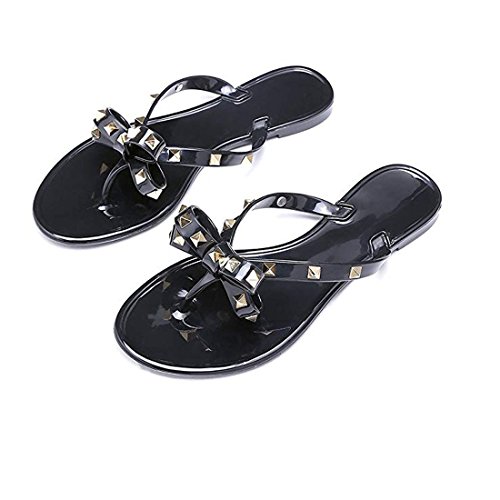 Utop Women’s Rivets Bowtie Flip Flops Jelly Thong Sandal Rubber Flat Slipper Summer Beach Rain Shoes Womens Gold Rivet Studded Bow Jelly Thong Flip Flop Sandals (US7.5=EU39=24.5CM, Black) - Thumbnail 4
