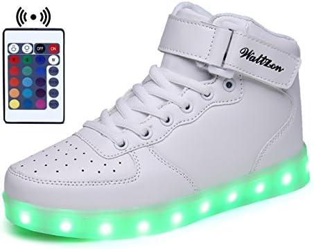 WaltZon USB Charging High Top LED Shoes Light Up Shoes Flashing Sneaker For Kids Boys Girls(WZ6363-1White25)
