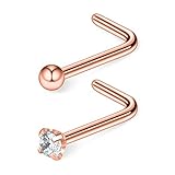Ruifan 2PCS 18G 316L Surgical Steel 2mm Top Ball & 2.5mm Clear Diamond Cubic Zirconia Crystal Curved Nose Stud Ring L Shaped Piercing Jewelry - Rose Gold