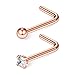 Ruifan 2PCS 18G 316L Surgical Steel 2mm Top Ball & 2.5mm Clear Diamond Cubic Zirconia Crystal Curved Nose Stud Ring L Shaped Piercing Jewelry - Rose Gold