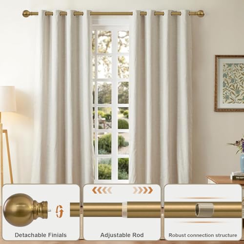 Warm Gold Curtain Rods for Windows 72-144 Inch Brass Extra Long Heavy Duty | Adjustable single 1" Diameter with vintage Brushed Bronze Metal Finials Antique for Living Room Bedroom Farmhouse Kitchen