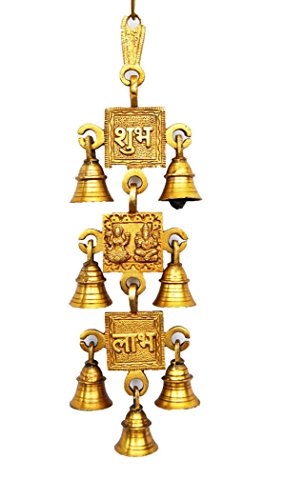Odishabazaar Subh Lakshmi Ganesha Labh Decorative Brass Hanging Bells - 13 X 3.25 Inches