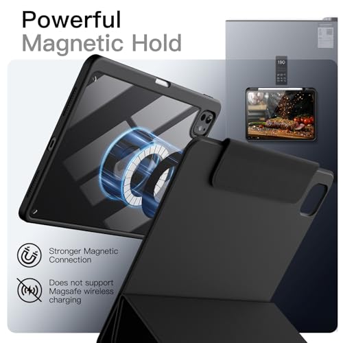 JETech Detachable Magnetic Case for iPad Pro 11 Inch M5/M4 (2025/2024) with Pencil Holder, Removable Rotating Clear Case, Portrait/Landscape Stand (Black)