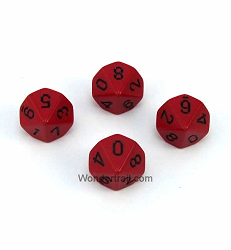 WCXPQ1014E4 Red Opaque Dice with Black Numbers D10 Aprox 16mm (5/8in) Pack of 4 Dice Chessex