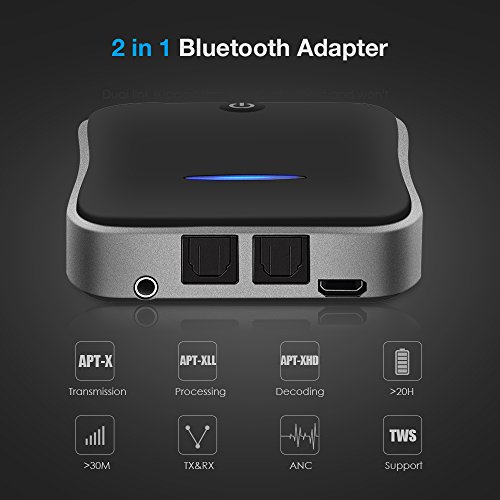 Wsiiroon Bluetooth 5.0 Transmitter Receiver, 2-in-1 Wireless aptXHD Low Latency Bluetooth Audio 3.5mm & Optical Adapter for Home/Car Stereo System (2 Devices Simultaneously) - Thumbnail 6